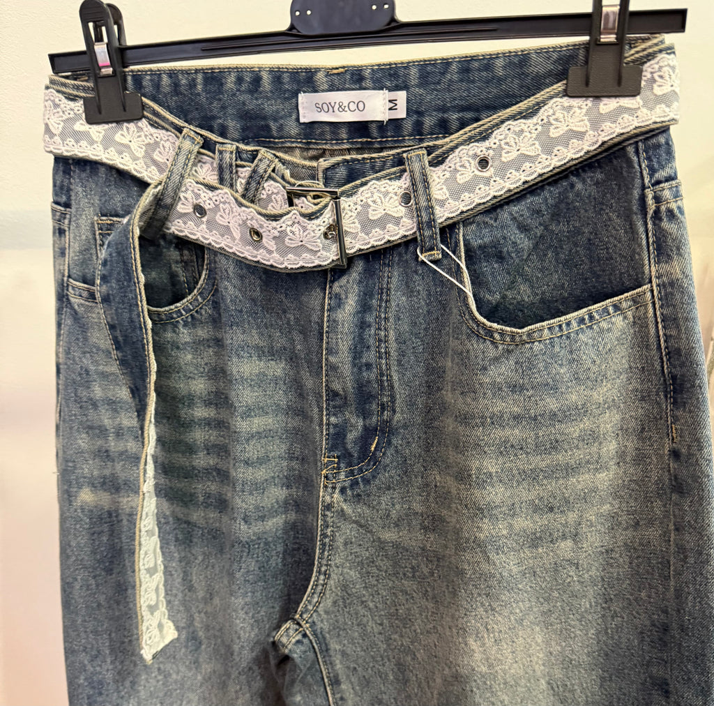 High-Waist Straight-Leg Jeans with Lace Belt