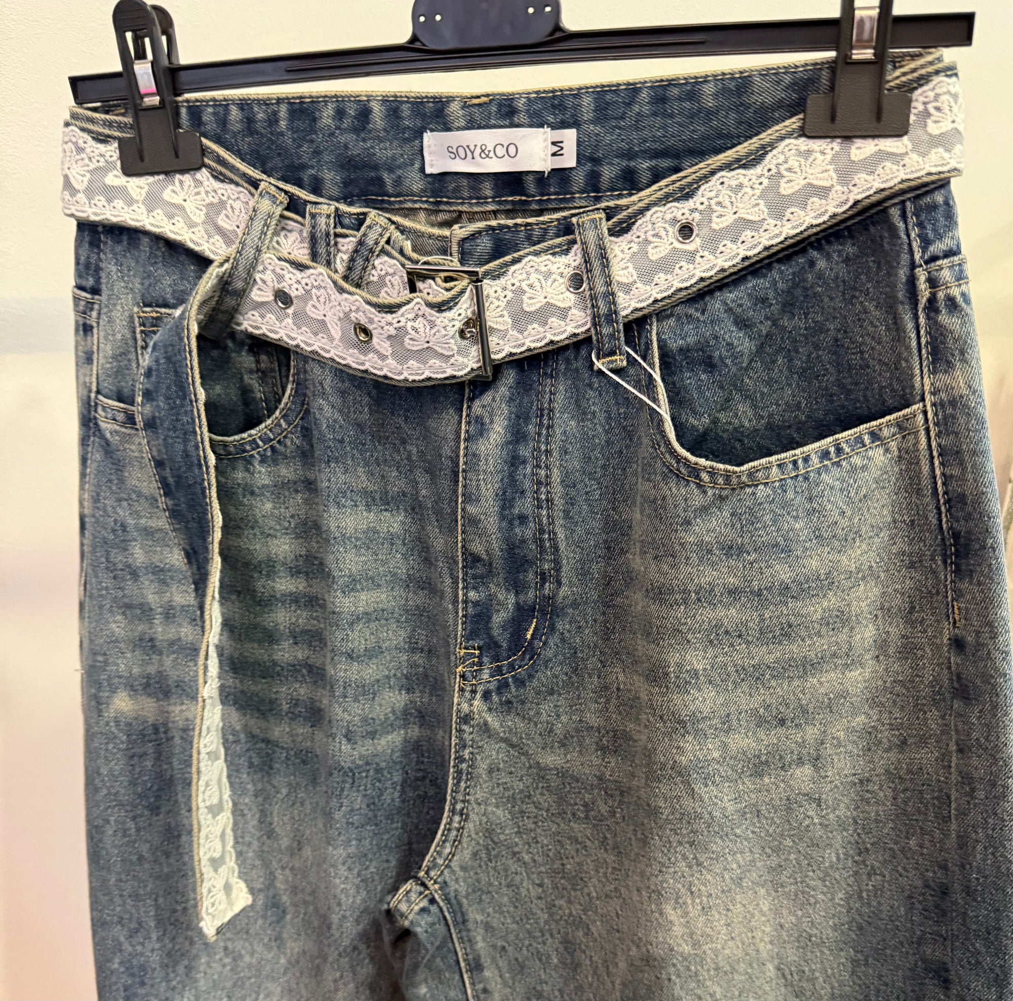High-Waist Straight-Leg Jeans with Lace Belt