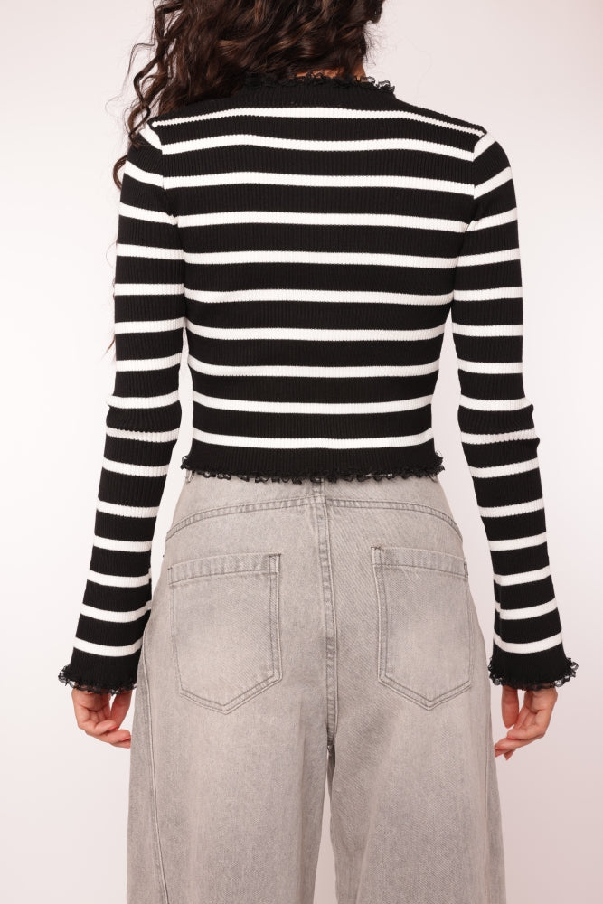 Striped Ribbed Button-Up Long Sleeve Top