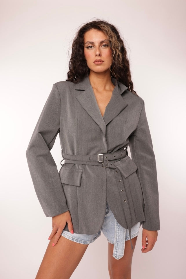 Tailored Grey Belted Blazer