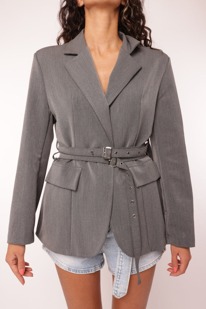 Tailored Grey Belted Blazer