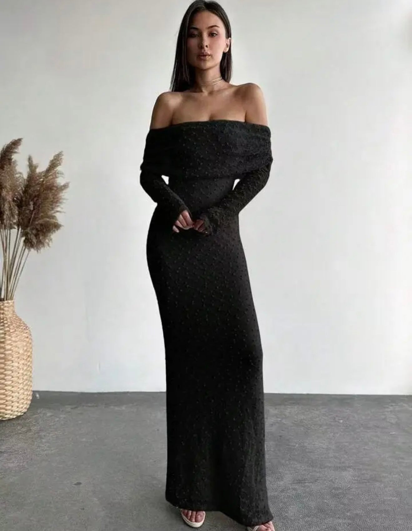 overfold off shoulder mesh long sleeve long dress Off-Shoulder Mesh Maxi Dress – Selsen Clothing