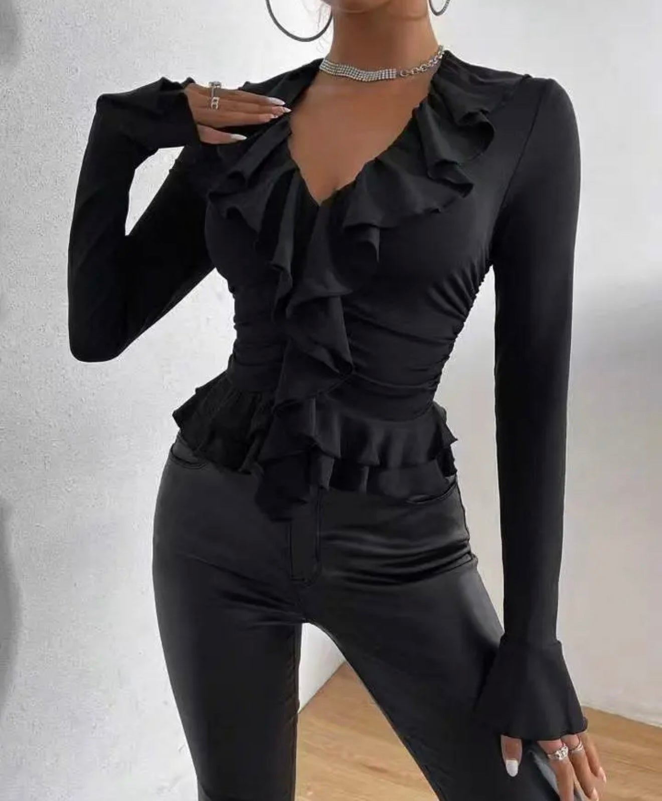 Ruffled Long Sleeve Top – Black