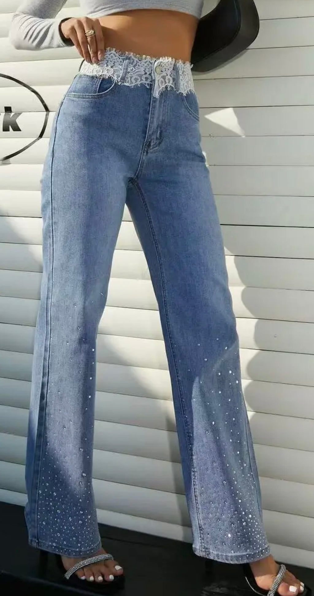 Glitter Jeans with Lace Waistband