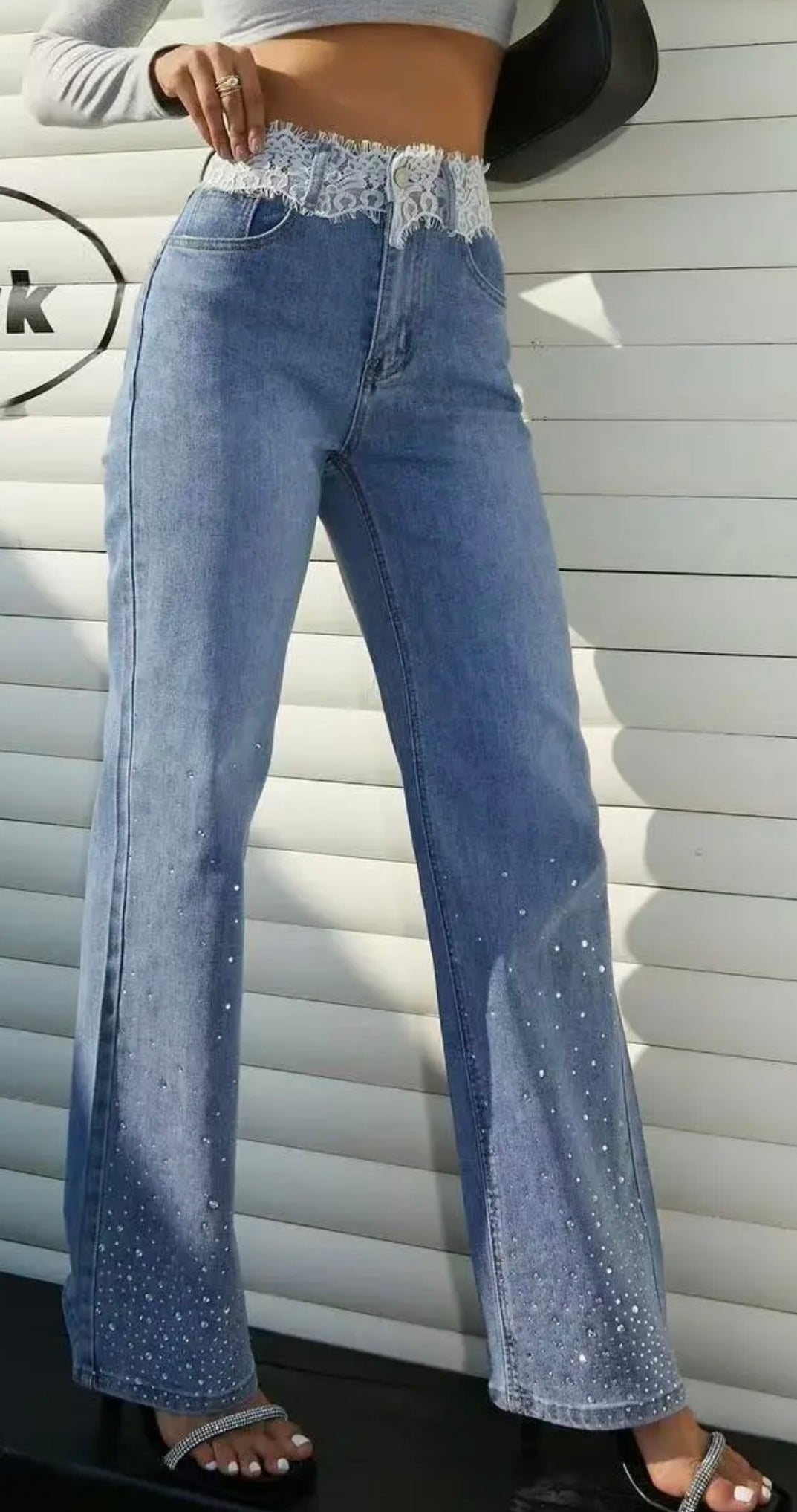 Glitter Jeans with Lace Waistband